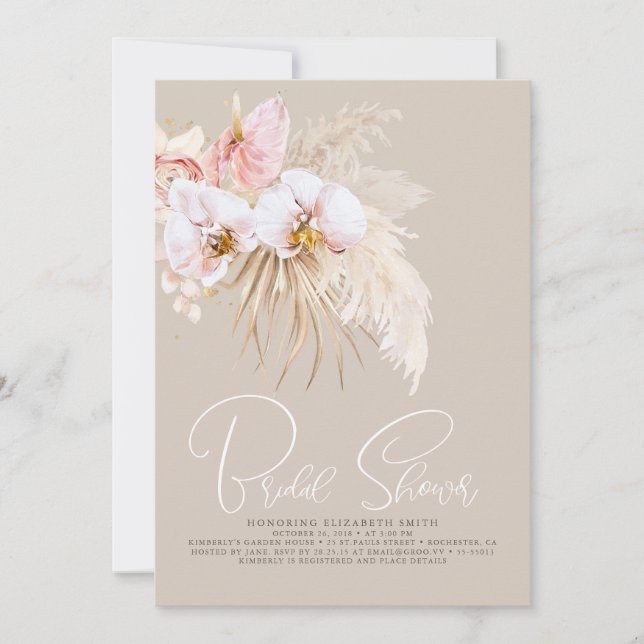 Invitation Boho Pampas Grass Fête des mariées de fleurs tropi (Devant)
