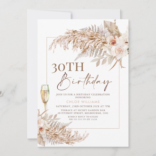 Invitation Boho Pampas Grass Floral Champagne Anniversaire (Devant)