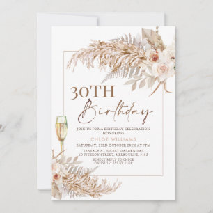 Invitation Boho Pampas Grass Floral Champagne Anniversaire