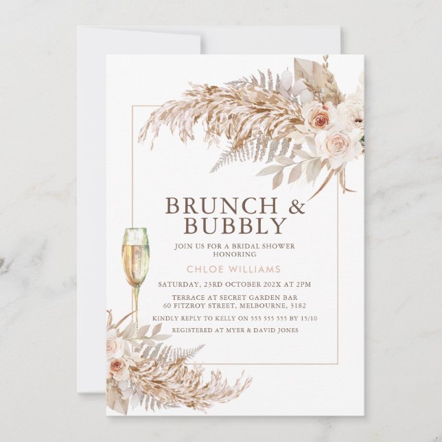 Invitation Boho Pampas Grass Floral Champagne Fête des mariée (Devant)