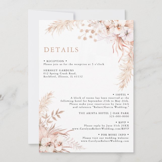 Invitation Boho Pampas Grass Floral Détails du Mariage (Devant)