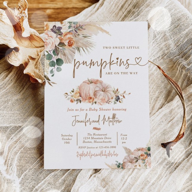 Invitation Boho Pampas Grass Floral Twin Citrouille Baby show (Créateur téléchargé)
