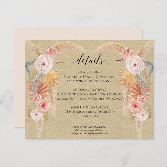 Invitation Boho Pampas Grass Foliage Kraft Détails du Mariage (Devant / Derrière)