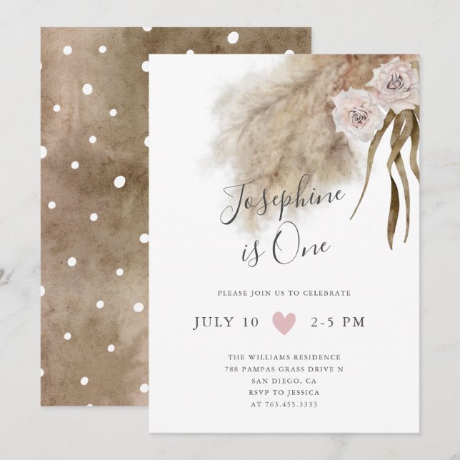 Invitation Boho Pampas Grass Girl 1er anniversaire fête (Devant / Derrière)