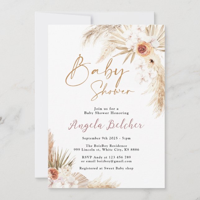 Invitation Boho pampas Grass Girl Baby shower (Devant)