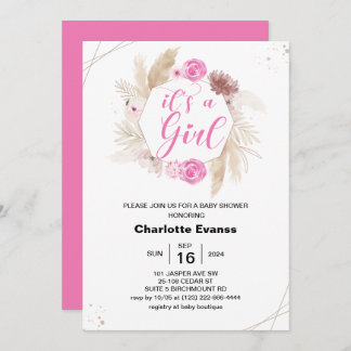 Invitation Boho Pampas Grass Girl Baby shower Fleurs roses