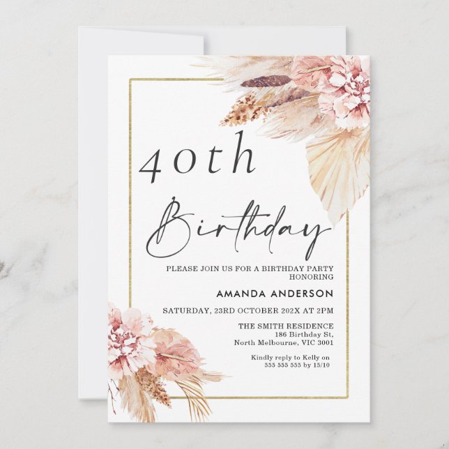 Invitation Boho Pampas Grass Gold Frame Anniversaire Invitati (Devant)