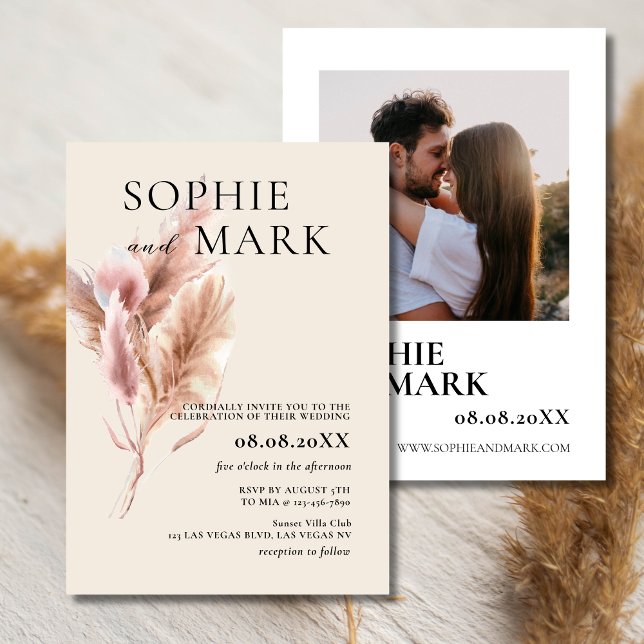 Invitation Boho Pampas Grass Minimalist With Photo (Créateur téléchargé)