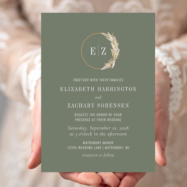 Invitation Boho Pampas Grass Monogramme Sage Green Mariage (Créateur téléchargé)