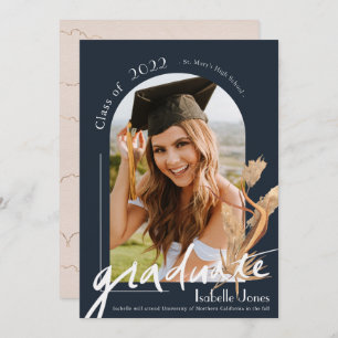 Invitation Boho Pampas Grass Navy Blue Arch Photo Graduation