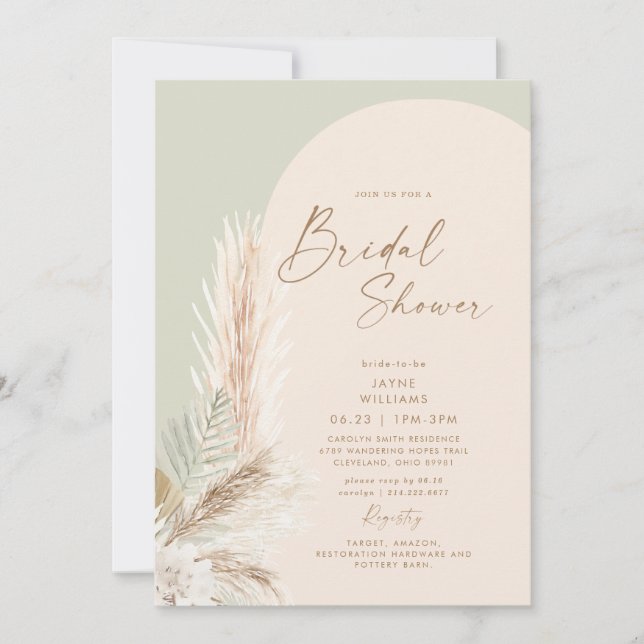 Invitation Boho Pampas Grass Or Géométrique Sage Bride (Devant)