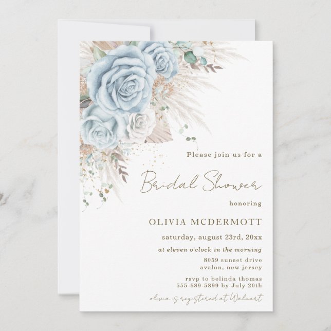 Invitation Boho Pampas Grass Pastel Blue Floral Fête des mari (Devant)