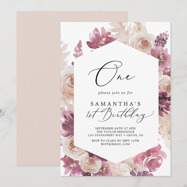 Invitation Boho Pampas Grass Premier anniversaire fête (Devant / Derrière)