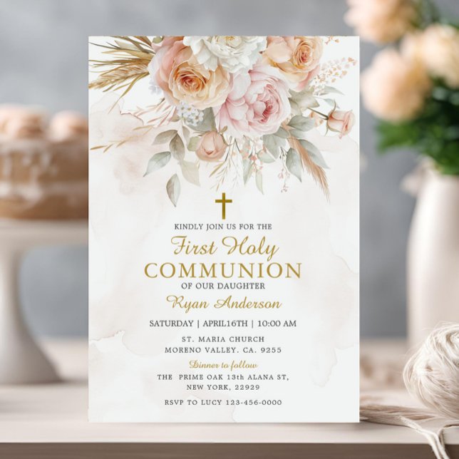Invitation Boho Pampas Grass Première Communion Sainte (Créateur téléchargé)