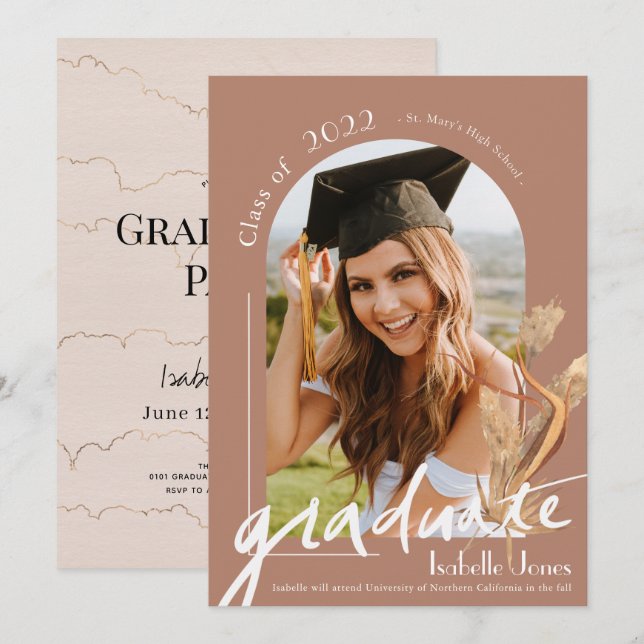 Invitation Boho Pampas Grass Terracotta Arch Photo Graduation (Devant / Derrière)