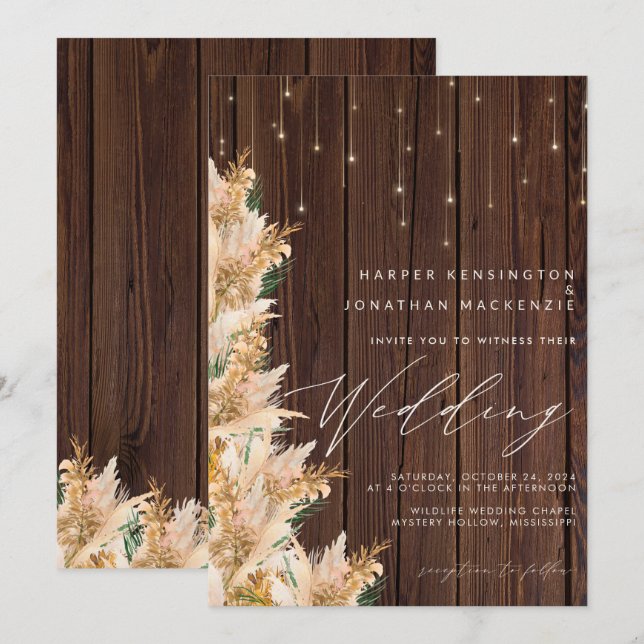 Invitation Boho Pampas Grass Twinkles lumières Mariage en boi (Devant / Derrière)