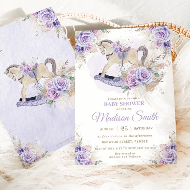 Invitation Boho Pampas Grass violet Floral Rocking Horse Baby (Créateur téléchargé)