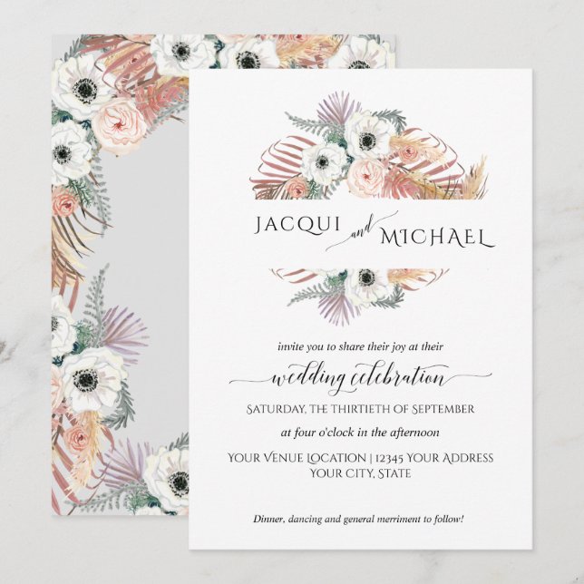 Invitation Boho Pampas Grass White Blush Floral Palm Folim Fo (Devant / Derrière)