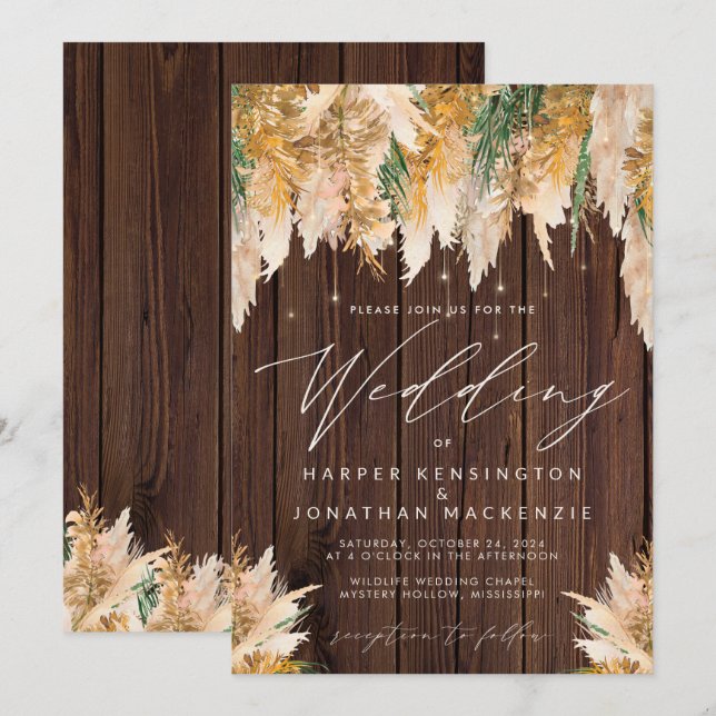 Invitation Boho Pampas Grass Wood Twinkle Mariage (Devant / Derrière)