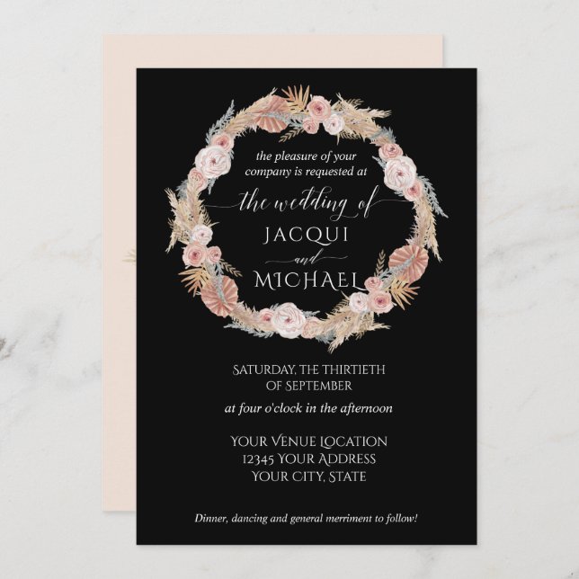 Invitation Boho Pampas Grass Wreath Tropical Black Floral (Devant / Derrière)