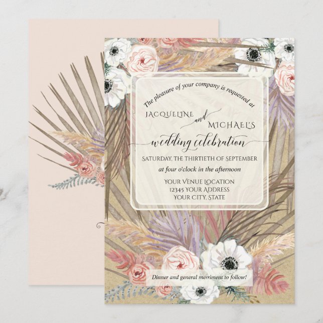 Invitation BOHO Pampas Herbe Blanc Floral Rustique Neutre (Devant / Derrière)