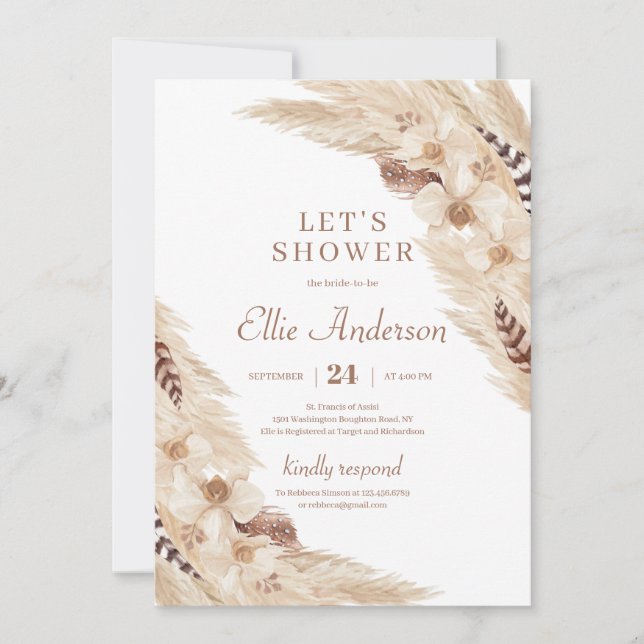 Invitation Boho Pampas herbe dessert orchidée douche nuptiale (Devant)