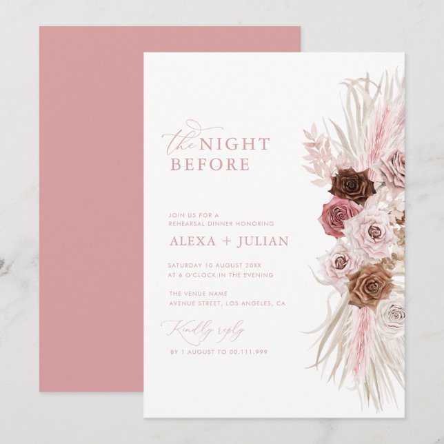 Invitation Boho pampas herbe et dîner de répétition rose pous (Devant / Derrière)