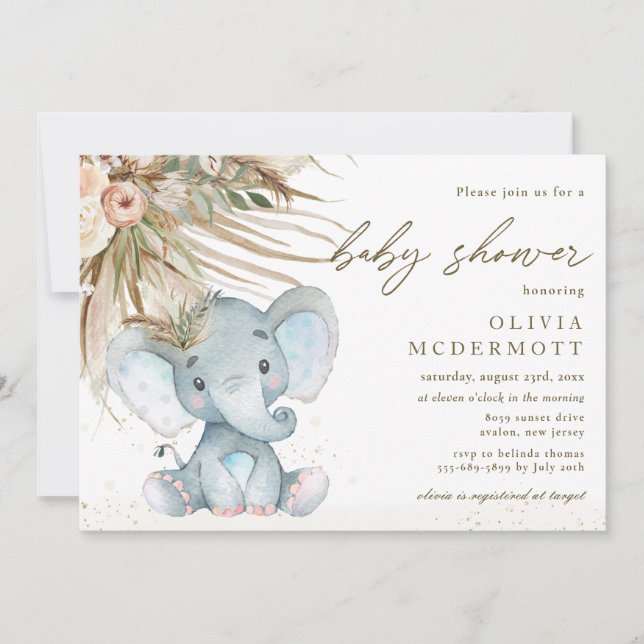 Invitation Boho Pampas Herbe Floral Elephant Baby shower Garç (Devant)