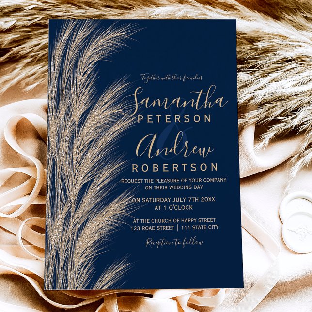 Invitation Boho pampas herbe or parties scintillant bleu mari (Créateur téléchargé)