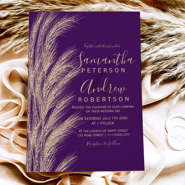 Invitation Boho pampas herbe or parties scintillant violet ma (Créateur téléchargé)