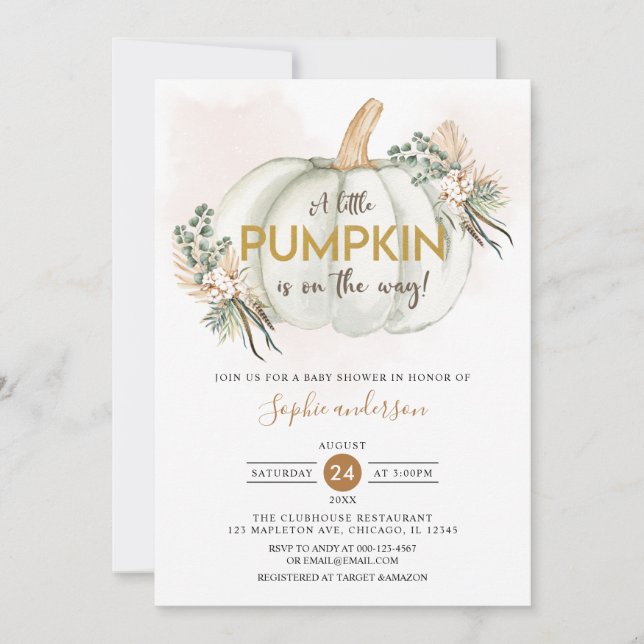 Invitation Boho Pampas Herbe Un Petit Baby shower Citrouille (Devant)