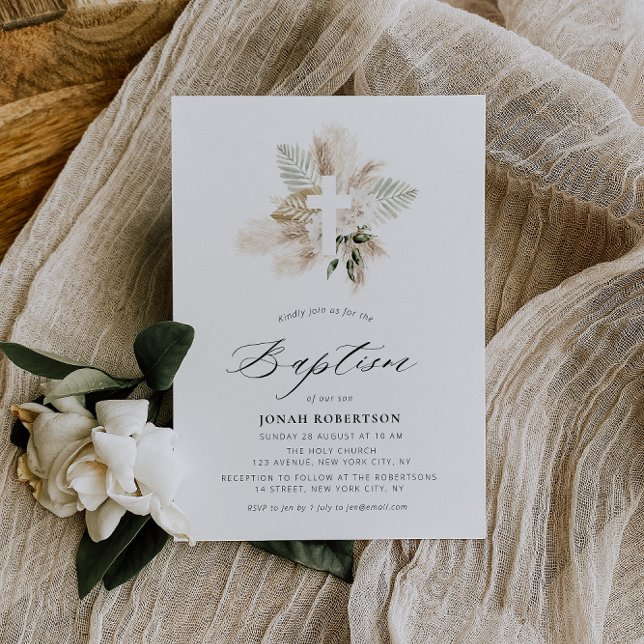 Invitation boho pampas herbe verdure croix florale baptême (Créateur téléchargé)