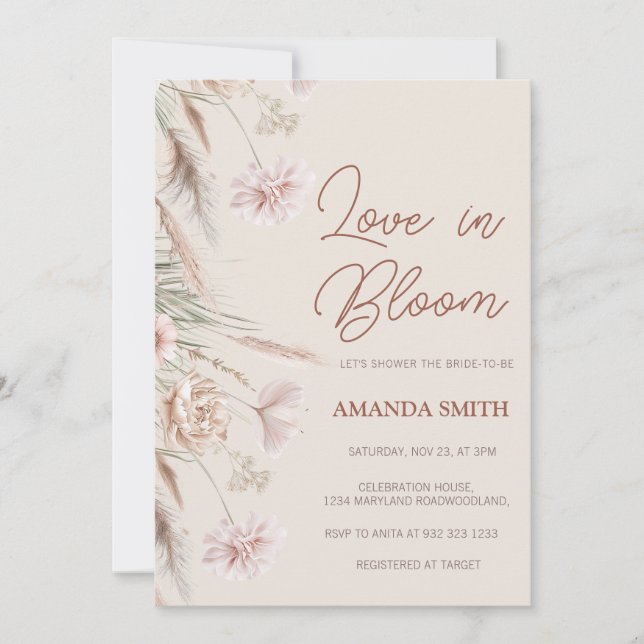 Invitation Boho Pampas L'amour de l'herbe dans la Fête des ma (Devant)