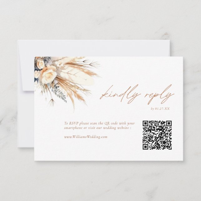 Invitation Boho Pampas Mariage Grass RSVP QR Code Card (Devant)