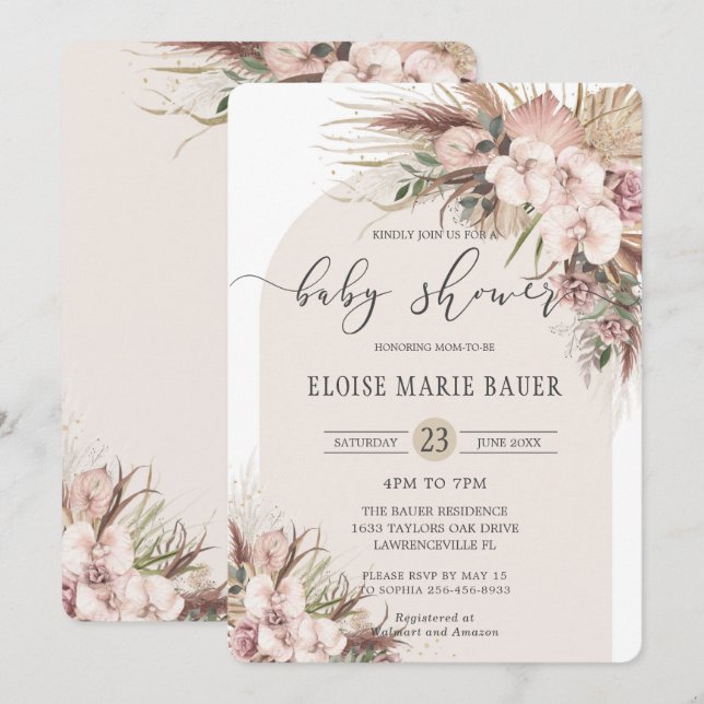 Invitation Boho Pampas Orchidée en herbe Baby shower en arc f (Devant / Derrière)