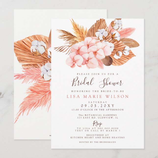 Invitation Boho Pampas Orchidées Fête des mariées en coton Bl (Devant / Derrière)