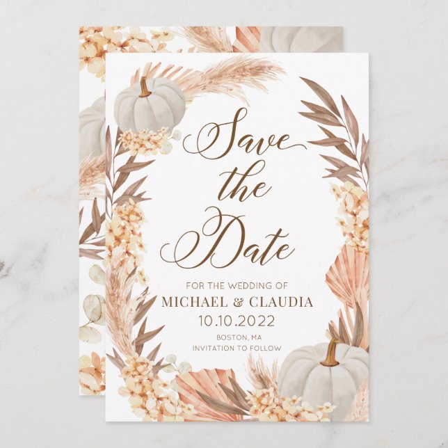 Invitation Boho Pampas Pumpkin White Fall Save the Date (Devant / Derrière)