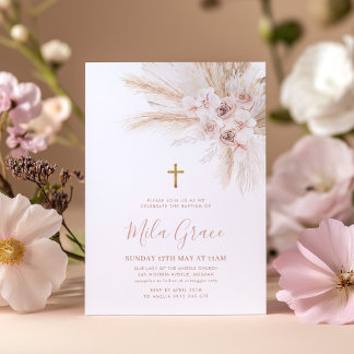 Invitation Boho Pampas Rose Girl Floral Baptism Christening