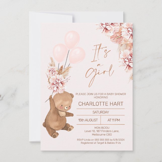 Invitation Boho Pampas Rose Gold Bear Baby shower (Devant)