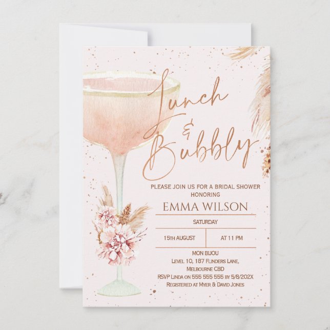 Invitation Boho Pampas Rose Gold Lunch Fête des mariées Bubbl (Devant)