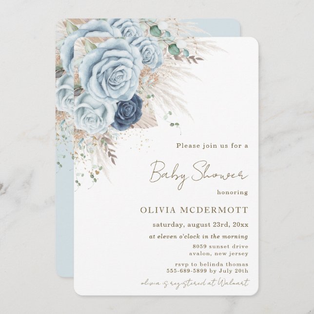 Invitation Boho Pampas Rustique Baby shower floral bleu doux (Devant / Derrière)