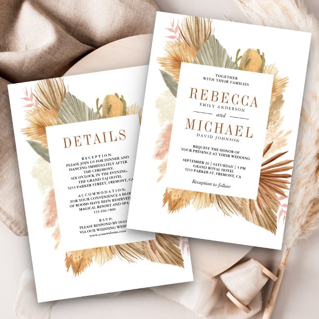 Invitation Boho Pampas séché Palm tout en un Mariage (Créateur téléchargé)