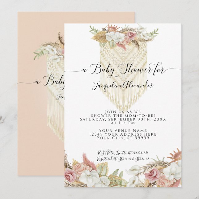 Invitation Boho Pampas Tropical Grass Floral Girl Baby shower (Devant / Derrière)