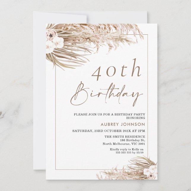 Invitation Boho Pampas Verraies Frame Anniversaire (Devant)