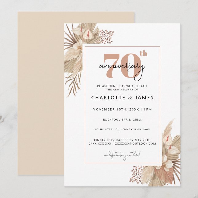 Invitation Boho Pampass 70e anniversaire de mariage (Devant / Derrière)