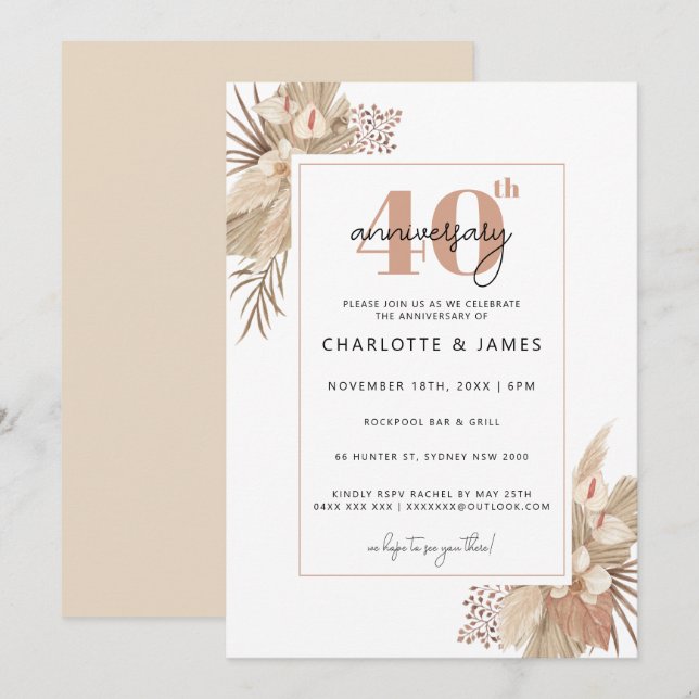 Invitation Boho Pampass Herbe 40e anniversaire mariage (Devant / Derrière)