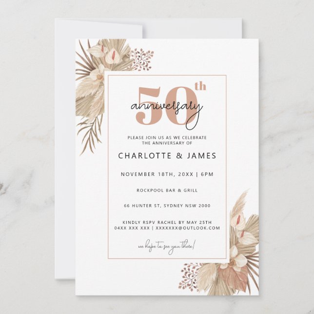 Invitation Boho Pampass Herbe 50e anniversaire mariage (Devant)