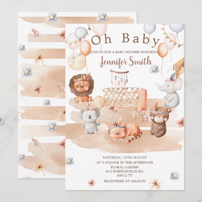 Invitation Boho pastel animaux baby shower mobile Oh Baby (Devant / Derrière)