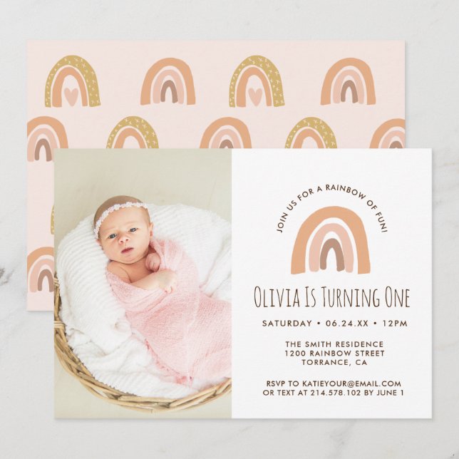 Invitation Boho Pastel Arc-en-ciel 1er anniversaire Invitatio (Devant / Derrière)