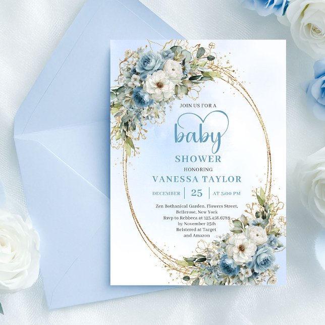 Invitation Boho Pastel Blue Floral Eucalyptus Gold Shower  (Boho Pastel Blue Floral Eucalyptus Gold Shower Invite

)